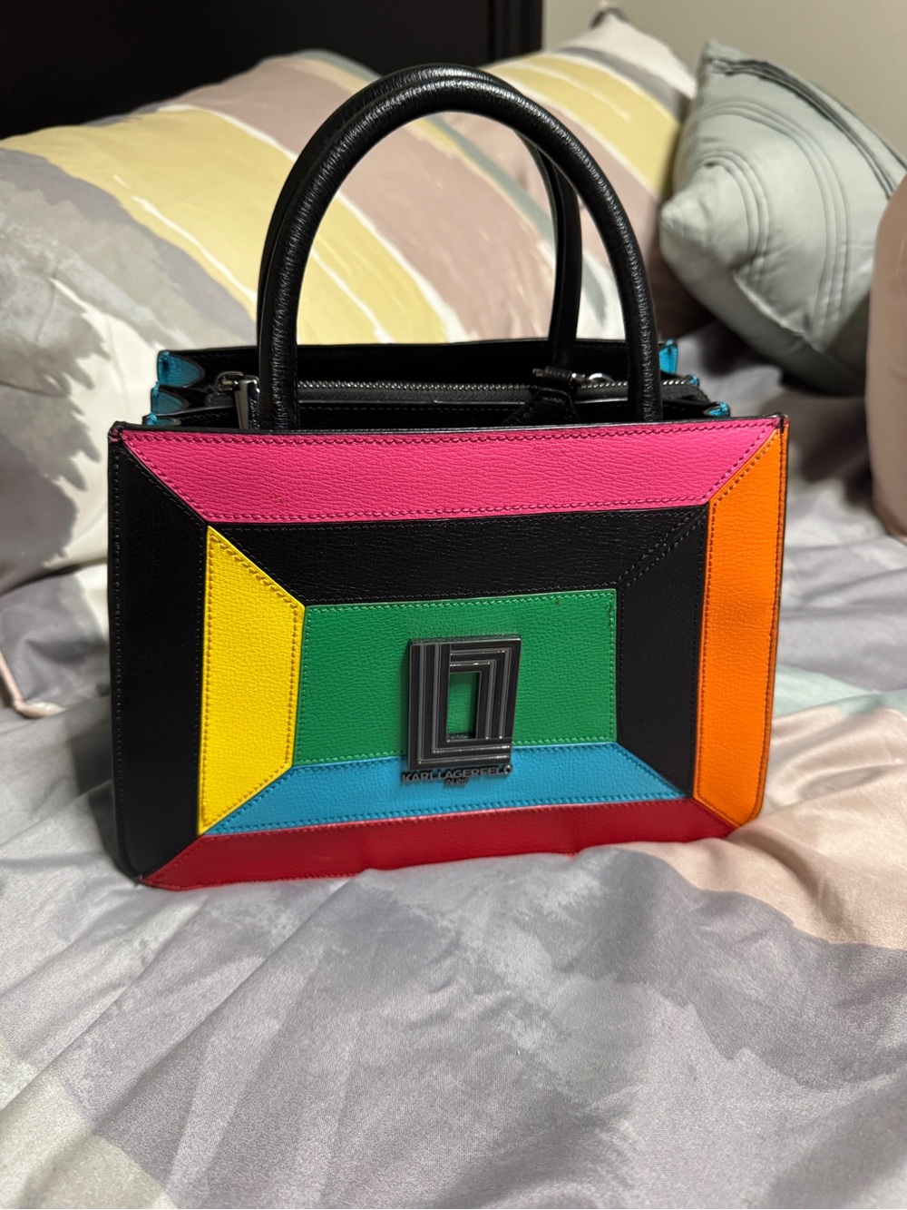 Karl Lagerfeld Black Leather Multicolor Geometric Satchel
